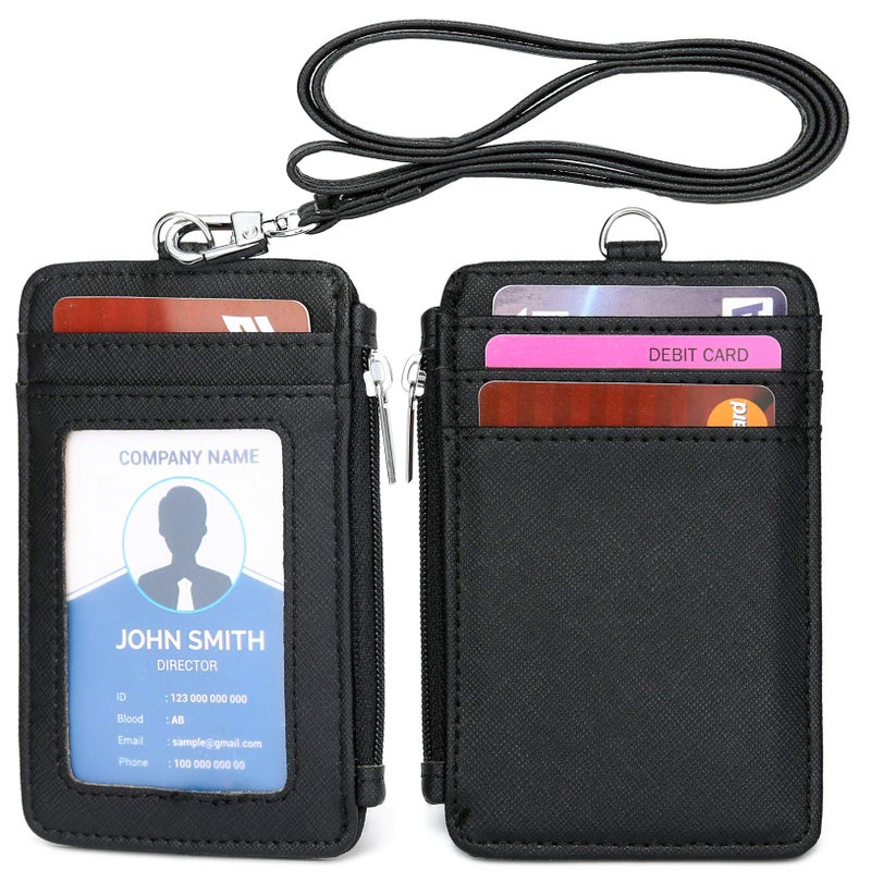 Leamekor ID Badge Holder with Neck Lanyard PU Leather ID Badge Wallet Case with 1 ID Window, 4 Card Slots, 1 Side Zipper Pocket - Image 1